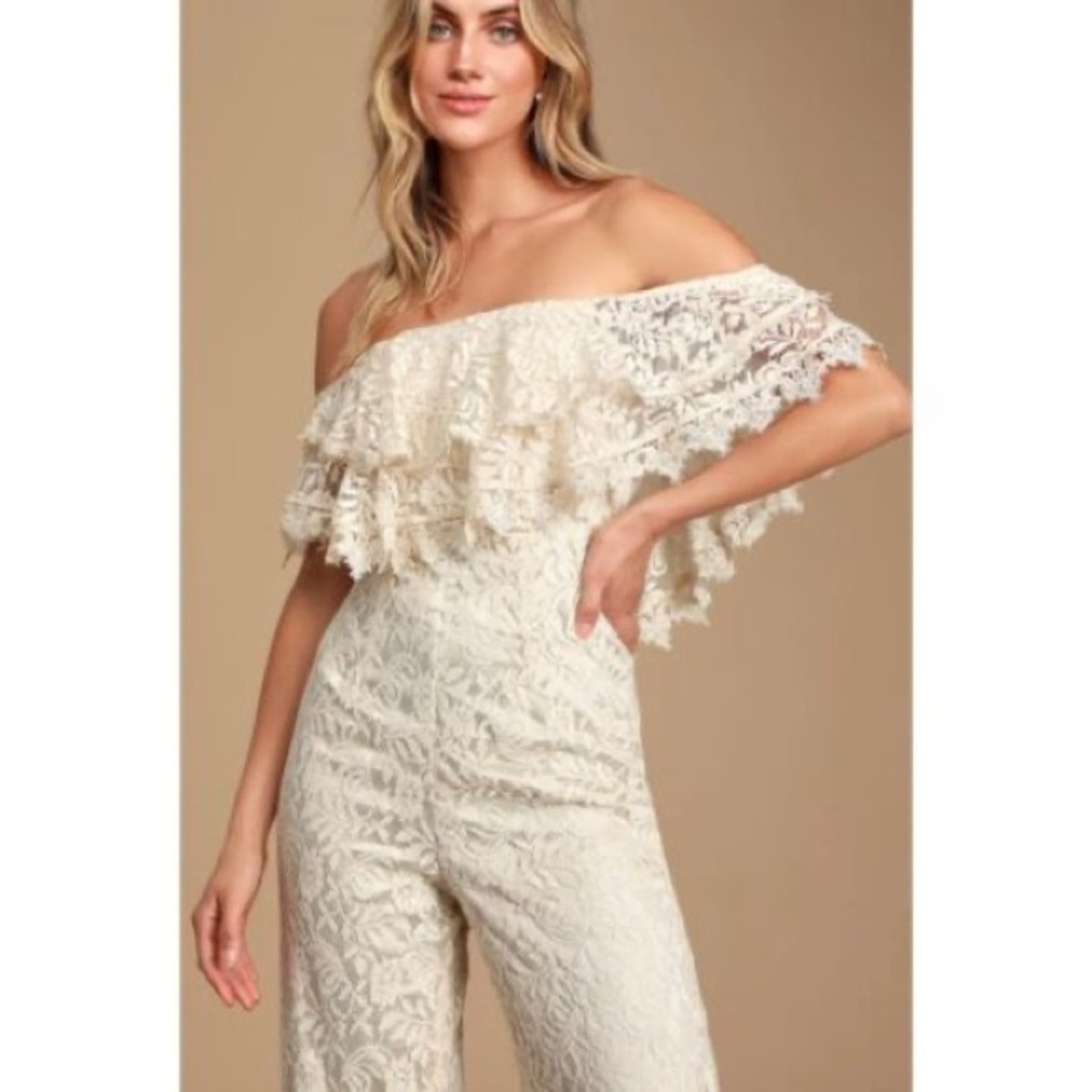 Lulu's Off-Shoulder Lace Jumpsuit Waiting for Forever Cream Ivory Bridal Bride